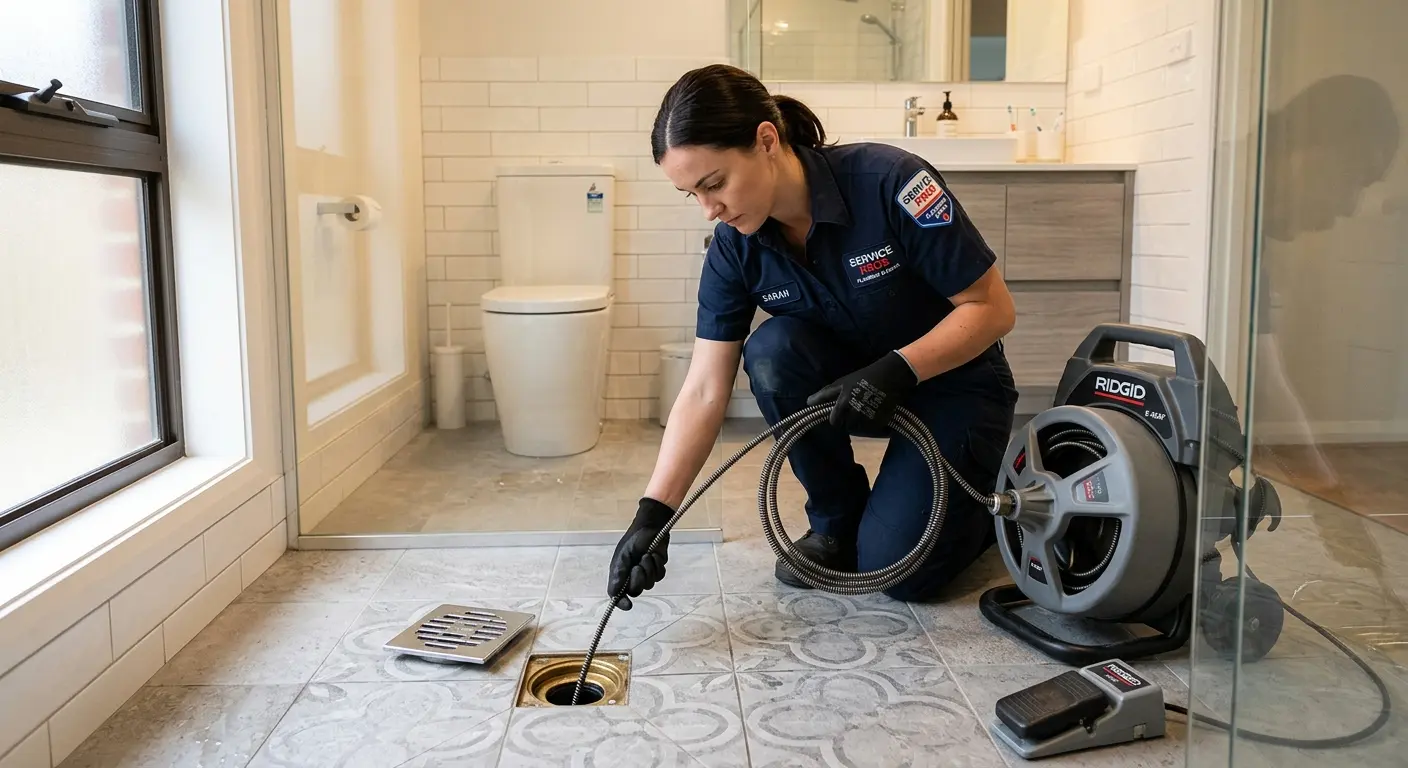 Technician clearing a bathroom floor drain for Drain Cleaning in Silver Firs